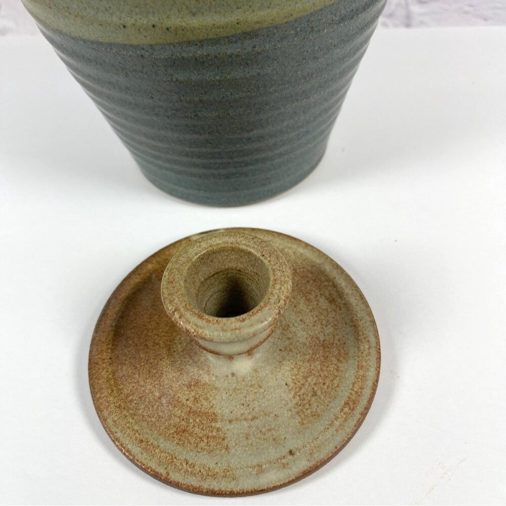 VTG Studio Stoneware Art Pottery Handmade Earth Green Glaze Lid Jar Pot Signed - Picture 3 of 14